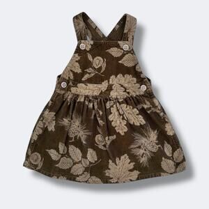 Baby Lulu Girls Jumper Dress 18M Olive Brown Corduroy Fall Leaf Pinecone Print